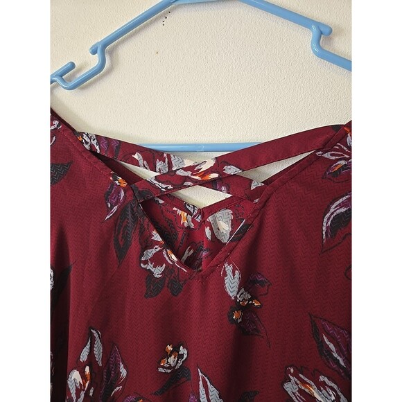 Floral Print Blouse V Neck Long Sleeve Criss Cross Back Burgundy Top Size 3 Plus - Picture 5 of 8